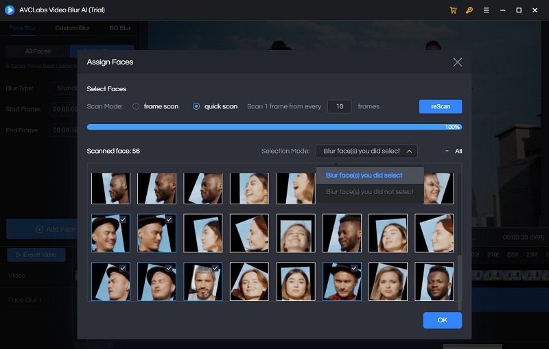 =AVCLabs Video Blur AI 複数の顔が自動認識、選択可能